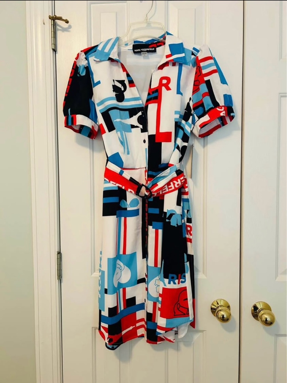 Karl Lagerfeld Red, Blue, White Graphic Shirt Dress